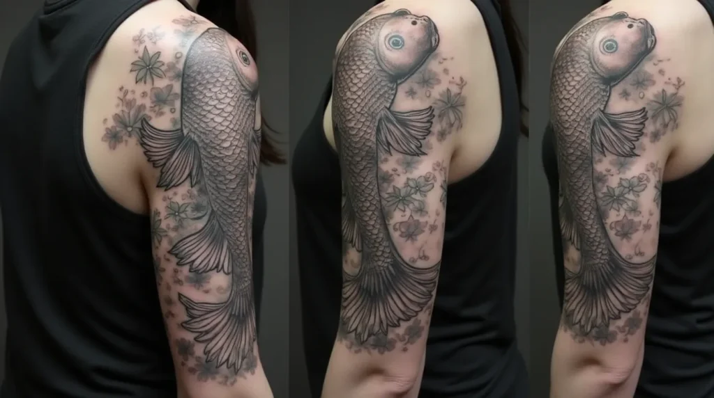 Koi fish tattoo half sleeve black and grey