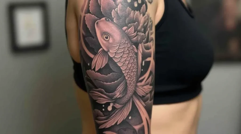 Koi fish tattoo half sleeve black and grey