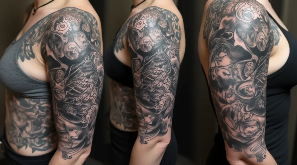 Koi fish tattoo half sleeve black and grey