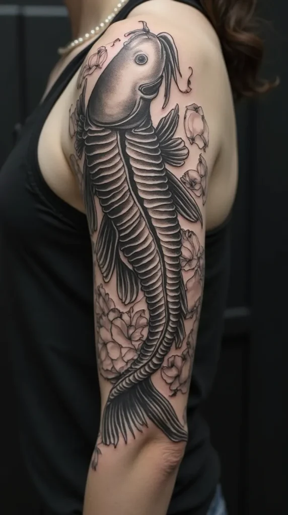 Koi fish tattoo half sleeve black and grey