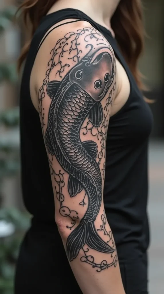 Koi fish tattoo half sleeve black and grey