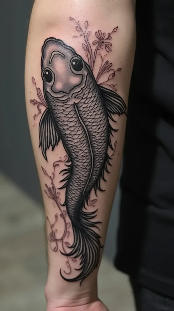 Koi fish tattoo half sleeve black and grey