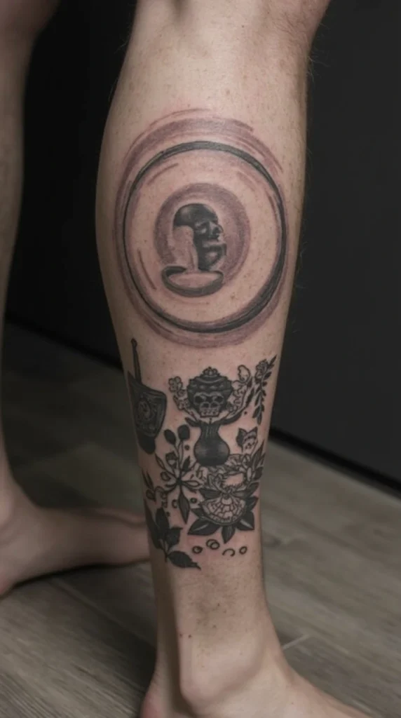 Unique Leg Tattoo for Men: Bold Black Ink Design with Symbolic Details