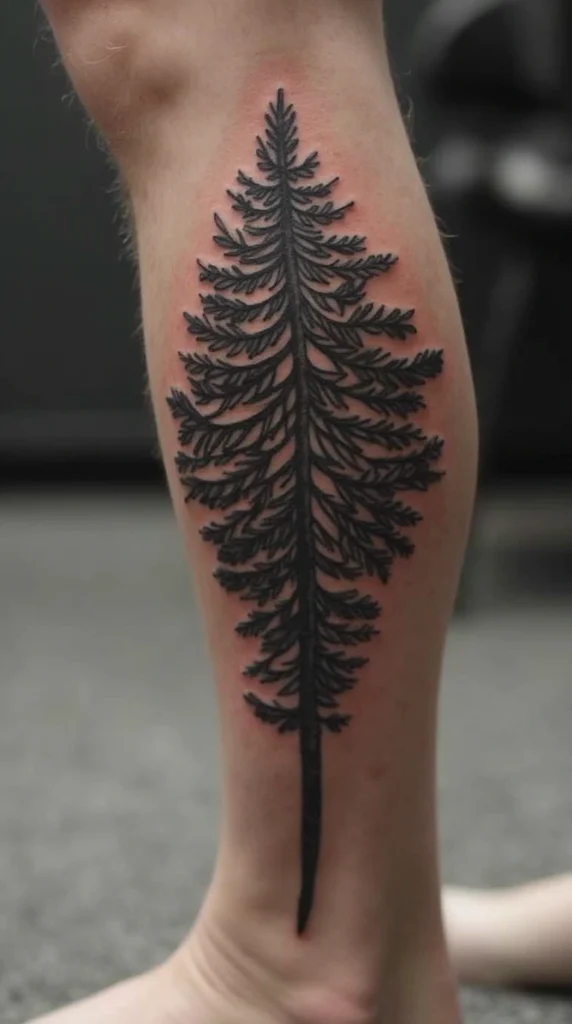 Bold Tree Tattoo for Men: A Striking Calf Design in Black Ink