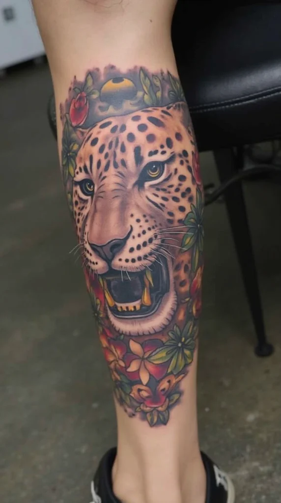 Vibrant Leopard with Floral Accents Tattoo