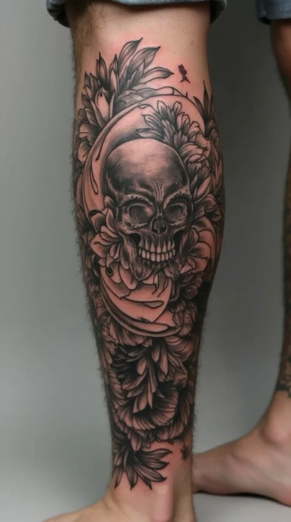 Skull and Floral Crescent Tattoo  