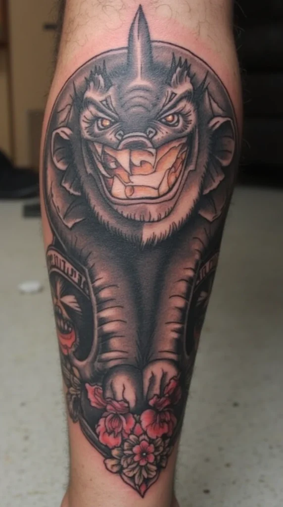 Fierce Beast with Floral Details Tattoo  